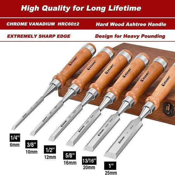 Levoite 6Pcs Wood Chisel Tool Sets Woodworking Carving Chisel Kit with Premium Wooden Case for Carpenter Craftsman Gift for Men