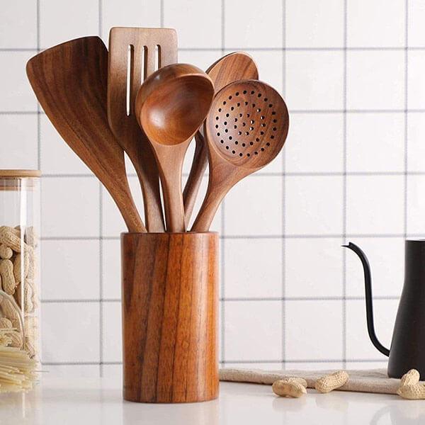 Targehome  Natural Teak Wooden Handmade Nonstick Cooking Utensil Set targehome